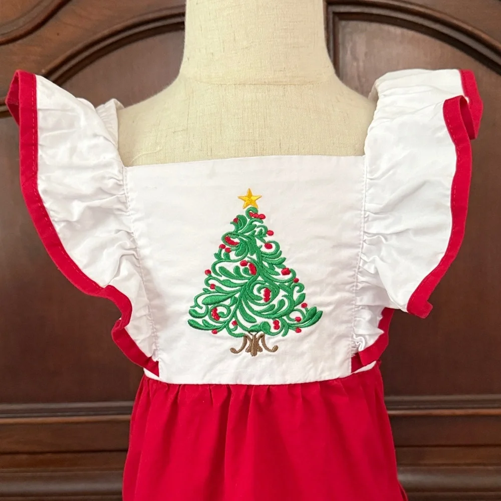 Honeydew Christmas Tree Dress Girls Size 6 Red White Embroidered Holiday Dress